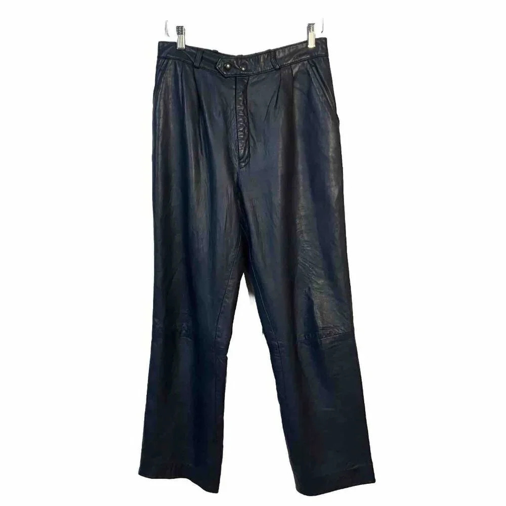 Vintage Creation Jez Montreal Navy Blue Leather Pants‎  Straight Leg Lined